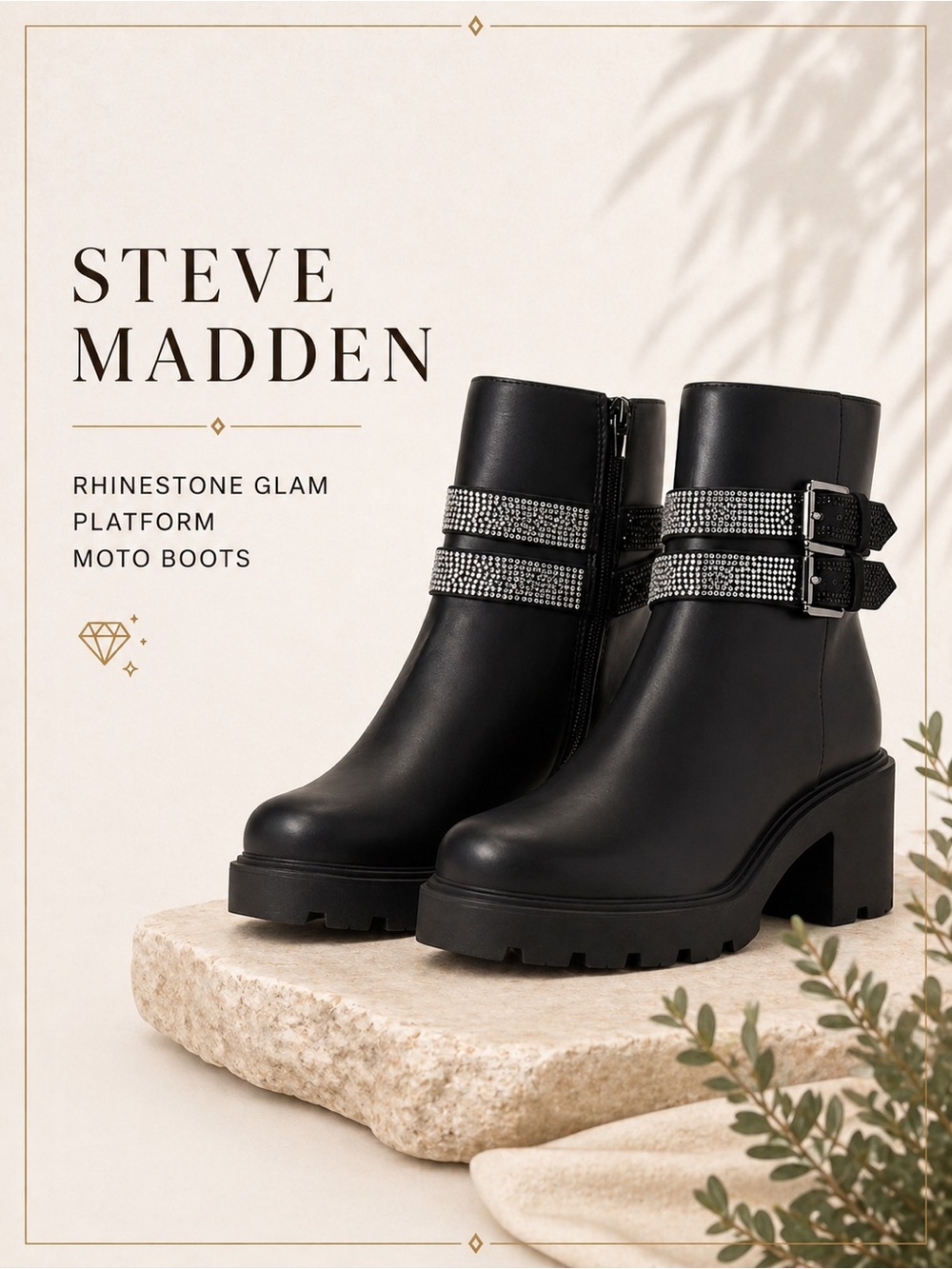Steve Madden Black Rhinestone Glam Buckle Platform Lug Sole Moto Boots Size 9